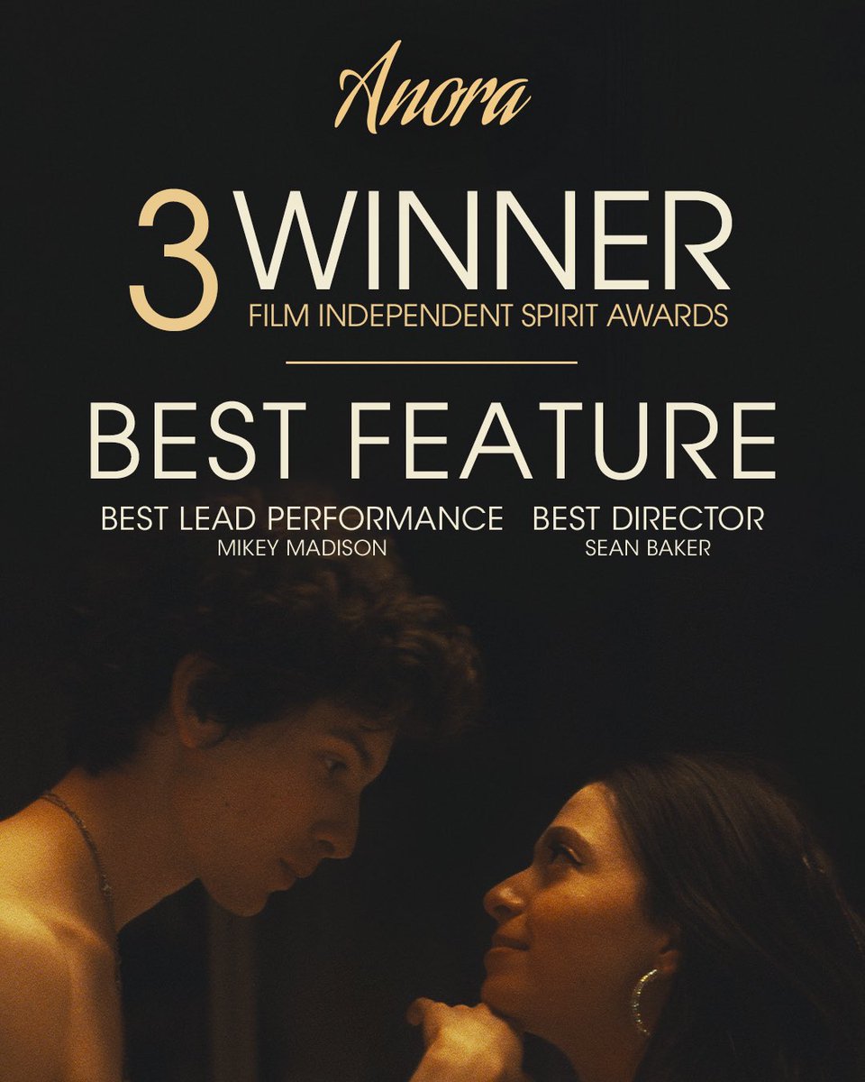 NEON (@neonrated) on Twitter photo ANORA has won three <a href="/filmindependent/">Film Independent</a> #SpiritAwards including…
🏆 Best Feature
🏆 Best Director (Sean Baker)
🏆 Best Lead Performance (Mikey Madison) ANORA has won three <a href="/filmindependent/">Film Independent</a> #SpiritAwards including…
🏆 Best Feature
🏆 Best Director (Sean Baker)
🏆 Best Lead Performance (Mikey Madison)