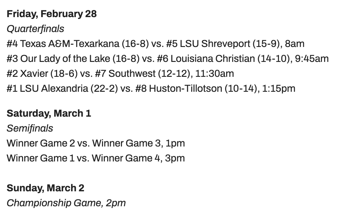 Schedule for 2025 RRAC men's basketball tournament on Feb. 28-March 2 at Rapides Coliseum: