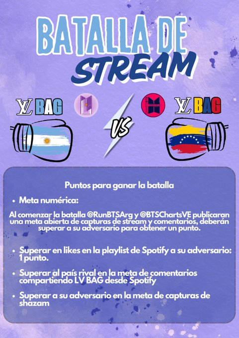 🇦🇷 ⚔️LV BAG STREAMING BATTLE⚔️ 🇻🇪  

Mañana domingo de 20:00 a 23:00 hora Venezuela, tendremos una batalla de streaming contra Argentina.

   ¿Ve-army, están listxs? ⚔️  

🛡️Los puntos para ganar la batalla se indican en la segunda imagen  LV BAG ARGMYVE BATTLE  #LVBAG #JHOPE