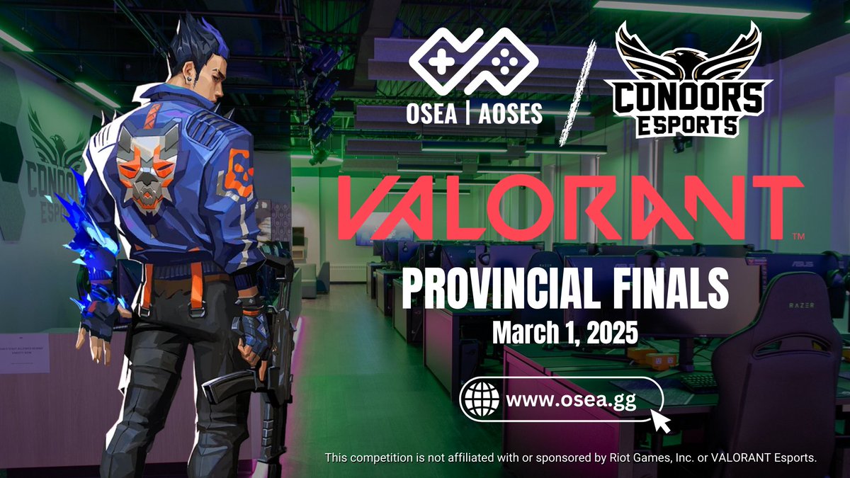 OSEA | AOSES (@osea_aoses) on Twitter photo SUPER hyped for our <a href="/VALORANT/">VALORANT</a> Provincial Finals co-hosted by <a href="/condorsesports/">Condors Esports</a> at <a href="/ConestogaC/">Conestoga College</a>! On March 1st, the Top 6 high school teams in Ontario converge at Conestoga's state-of-the-art esports hub to battle it out for Champion status. Watch it live at osea.gg/live SUPER hyped for our <a href="/VALORANT/">VALORANT</a> Provincial Finals co-hosted by <a href="/condorsesports/">Condors Esports</a> at <a href="/ConestogaC/">Conestoga College</a>! On March 1st, the Top 6 high school teams in Ontario converge at Conestoga's state-of-the-art esports hub to battle it out for Champion status. Watch it live at osea.gg/live