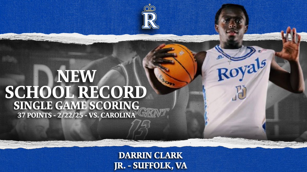 Regent University Athletics (@regent_royals) on Twitter photo NEW SCHOOL RECORD. Junior Darrin Clark (Suffolk, VA/Nansemond River) breaks his own program single game scoring record with 37 points against Carolina University. <a href="/RegentMensBkb/">Regent Mens Basketball</a> <a href="/RegentU/">Regent University</a> <a href="/CoachHollenbeck/">Barry Hollenbeck</a> <a href="/TheNCCAA/">NCCAA</a> <a href="/LHRubama/">Larry Rubama</a> <a href="/marcdavissports/">Marc Davis</a> <a href="/sdearth/">Sonny Dearth GR</a> <a href="/drivejohnnyd/">The Morning Drive with Johnny D</a> NEW SCHOOL RECORD. Junior Darrin Clark (Suffolk, VA/Nansemond River) breaks his own program single game scoring record with 37 points against Carolina University. <a href="/RegentMensBkb/">Regent Mens Basketball</a> <a href="/RegentU/">Regent University</a> <a href="/CoachHollenbeck/">Barry Hollenbeck</a> <a href="/TheNCCAA/">NCCAA</a> <a href="/LHRubama/">Larry Rubama</a> <a href="/marcdavissports/">Marc Davis</a> <a href="/sdearth/">Sonny Dearth GR</a> <a href="/drivejohnnyd/">The Morning Drive with Johnny D</a>
