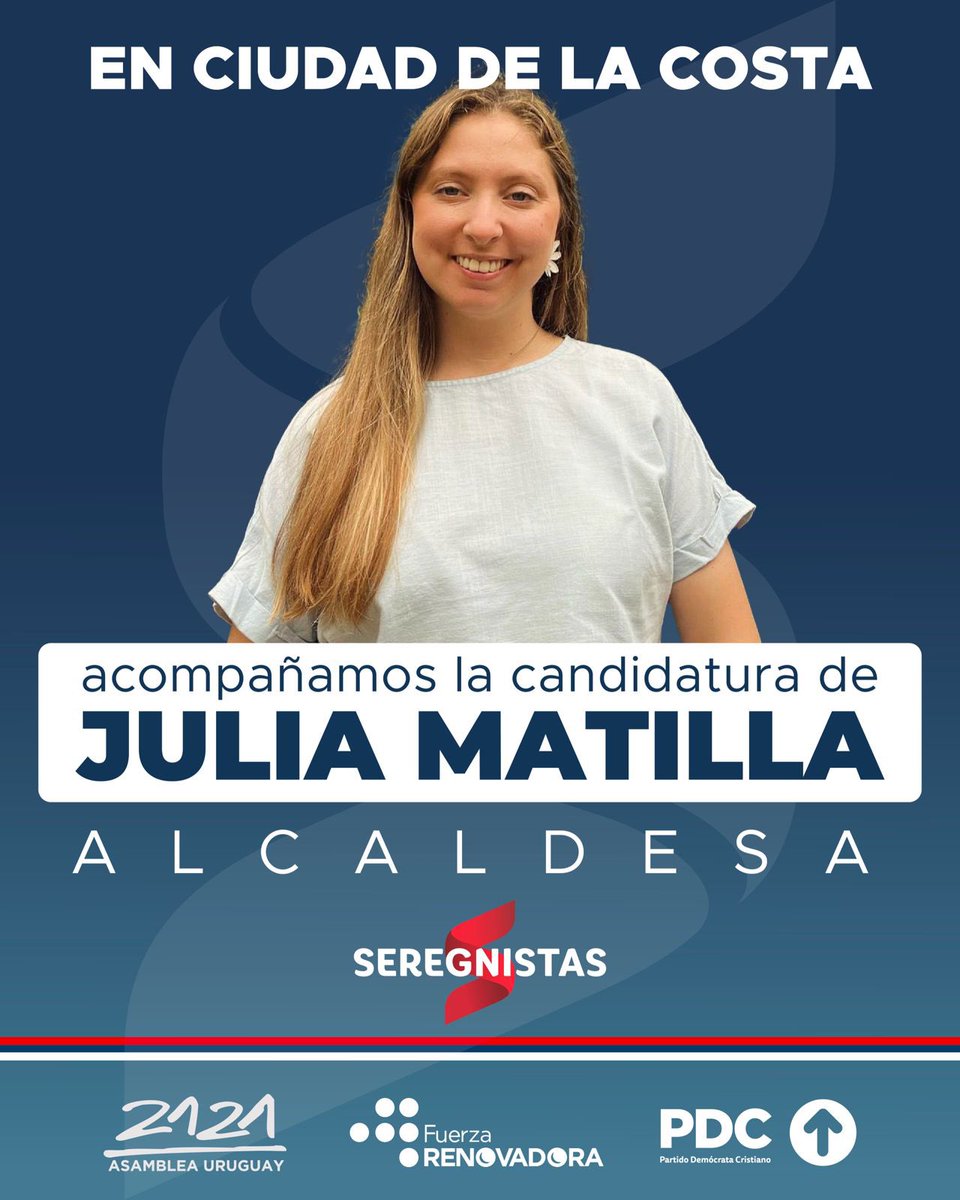 En Ciudad de la Costa los <a href="/Seregnistas95/">Seregnistas</a> apoyamos a Júlia Matilla como Alcaldesa.

Una compañera joven y comprometida que sabemos estará a la altura de los desafíos de nuestra Ciudad en los próximos años. 

En Mayo
#LegnaniIntendente 
#JuliaAlcaldesa

🔴🔵⚪️
