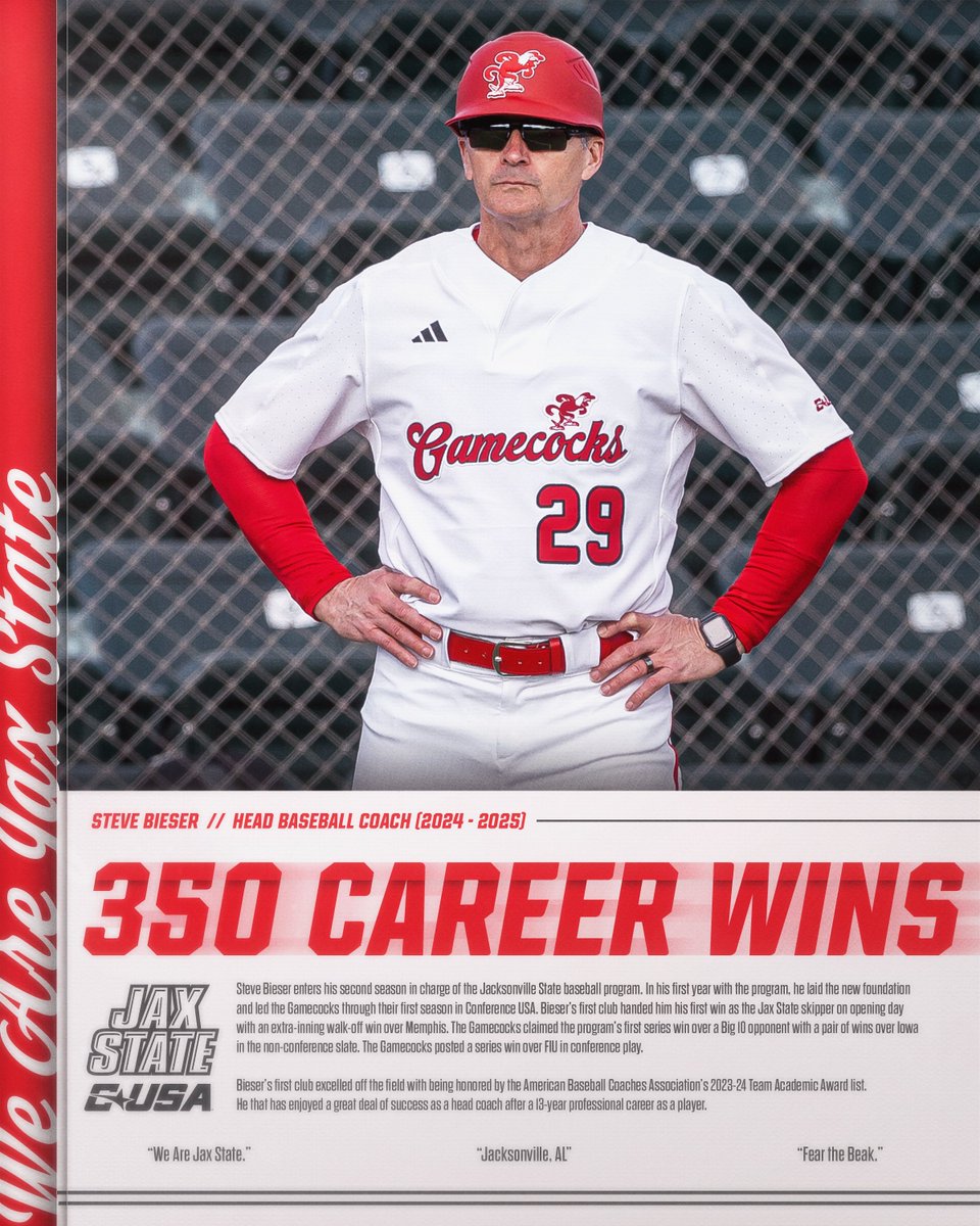 Jax State Baseball (@jaxstatebb) on Twitter photo Congrats head coach Steve Bieser <a href="/biesersr/">Steve Bieser</a> on the milestone! Plenty more to come!!
🗞️tinyurl.com/4k3v6e7j Congrats head coach Steve Bieser <a href="/biesersr/">Steve Bieser</a> on the milestone! Plenty more to come!!
🗞️tinyurl.com/4k3v6e7j