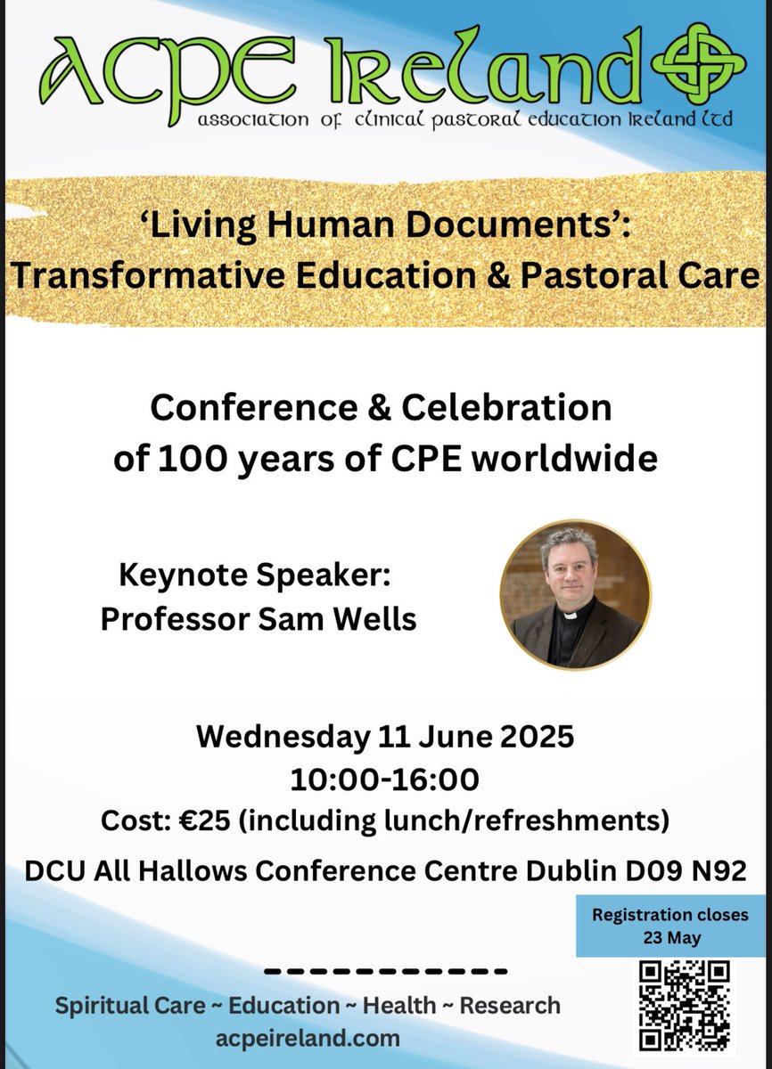 We are delighted to celebrate 100 years of Clinical Pastoral Education worldwide with a Conference &amp; Day of Celebration on 11 June  in Dublin.
Our keynote speaker with be Prof Sam Wells 
To register please see 👇

forms.gle/ZTi85oYEmPkvvd…