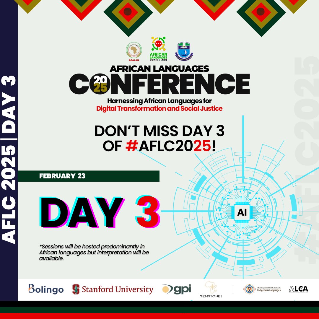 🔥 Day 3 of #AFLC2025 is here!

It’s Sunday, but the conversations don’t stop! Join us for sessions on digital inclusion, #accessibility &amp; language tech.

📅 Starting soon—don’t miss out!
🔗 Register now: shorturl.at/Lgzh3

#AFLConf #LanguageTech #DigitalInclusion