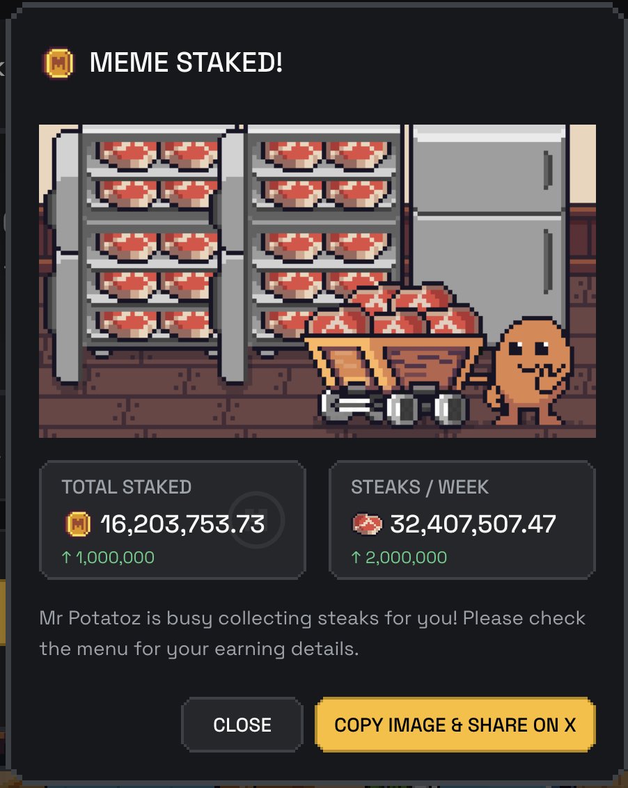 RaymondLai819's tweet image. Just staked $MEME and I’m earning 🥩 on @Stakeland