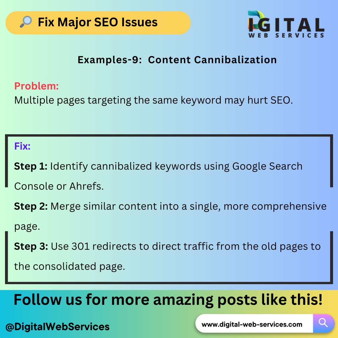 digitalwebservs's tweet image. #FixSEOIssues: 🚨 Content Cannibalization Alert! 🚨
Targeting the same keyword on multiple pages?

 visit: digital-web-services.com/major-seo-issu… 
 ▾▾▾▾
#SEO #ContentStrategy #ContentCannibalization #GoogleRanking #SEOFix #DigitalMarketing #ContentMarketing #SEOTips #DigitalWebServices