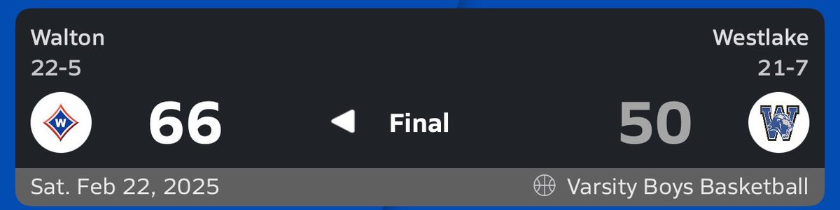 WaltonBasketball (@waltonbball) on Twitter photo Elite 8 bound! Great win in a fun environment on the road! Next up, 2/26 @ Pebblebrook, time TBD.
Unofficial stats -
<a href="/NikolasAvaliani/">Nikolas Avaliani</a> - 21p, 6r, 2s
<a href="/KaedenGilstrap/">Kaeden Gilstrap</a> - 18p, 6r, 4a
<a href="/BurrowsCaesar/">Caesar Burrows</a> - 9p, 7r, 2s, 6a, 1b
<a href="/NickAllen1_/">Nick Allen</a> - 7p, 4r
<a href="/cjordanii2027/">CJ Jordan II - 2027</a> - 4p, 5r, 1s, 4a Elite 8 bound! Great win in a fun environment on the road! Next up, 2/26 @ Pebblebrook, time TBD.
Unofficial stats -
<a href="/NikolasAvaliani/">Nikolas Avaliani</a> - 21p, 6r, 2s
<a href="/KaedenGilstrap/">Kaeden Gilstrap</a> - 18p, 6r, 4a
<a href="/BurrowsCaesar/">Caesar Burrows</a> - 9p, 7r, 2s, 6a, 1b
<a href="/NickAllen1_/">Nick Allen</a> - 7p, 4r
<a href="/cjordanii2027/">CJ Jordan II - 2027</a> - 4p, 5r, 1s, 4a