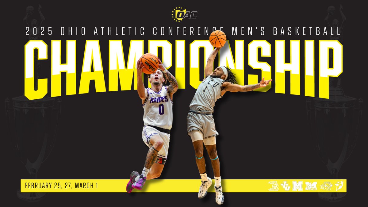 The stage is set for the 2025 #OAC Men's Basketball Tournament! 🏀🏆

#1 <a href="/JCUMensHoops/">JCU Men's Basketball</a>
#2 <a href="/MountUnion_MBB/">MountUnion_MBB</a>
#3 <a href="/BergMensBBall/">Heidelberg Basketball</a> 
#4 <a href="/MuskingumHoops/">Muskingum Men’s Basketball</a> 
#5 <a href="/Otterbein_MBB/">Otterbein Basketball</a>
#6 <a href="/ONU_hoops/">Ohio Northern Basketball</a> 

First round begins on Tuesday! Find the tournament schedule, tickets &amp; more at