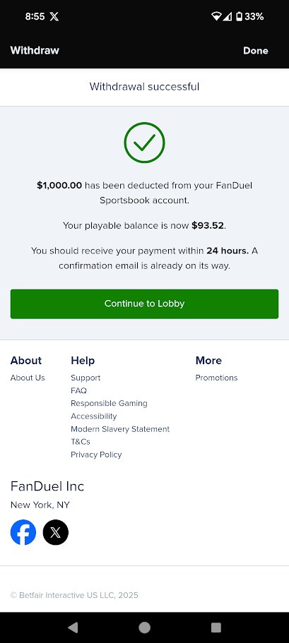 $30 -&gt; $1000 challenge completed. 

4 Nations tournament and hockey bets sent me on a run 

Here's the bet that put me over the 1k 

Now we run it back 💸🤑