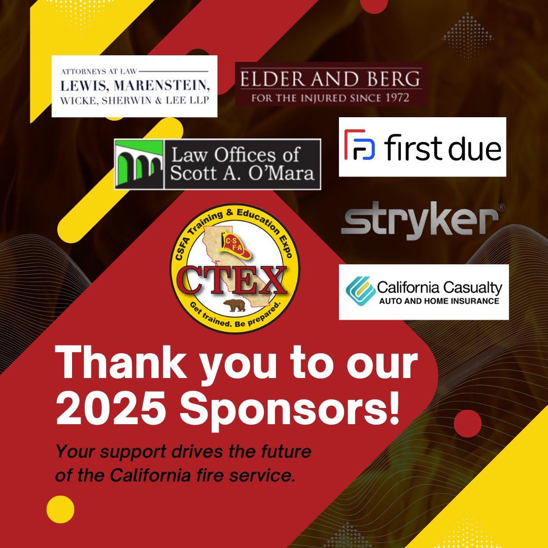 California State Firefighters' Association (@csfafire) on Twitter photo We’re proud to recognize and thank our 2025 CTEX sponsors! 🚒👏 Your support plays a crucial role in bringing fire service professionals together for leadership, education & networking
<a href="/StrykerEndo/">Stryker Endoscopy</a> <a href="/firstduesizeup/">First Due</a> <a href="/CalCasInsurance/">California Casualty</a>
Looking forward to an incredible event! We’re proud to recognize and thank our 2025 CTEX sponsors! 🚒👏 Your support plays a crucial role in bringing fire service professionals together for leadership, education & networking
<a href="/StrykerEndo/">Stryker Endoscopy</a> <a href="/firstduesizeup/">First Due</a> <a href="/CalCasInsurance/">California Casualty</a>
Looking forward to an incredible event!