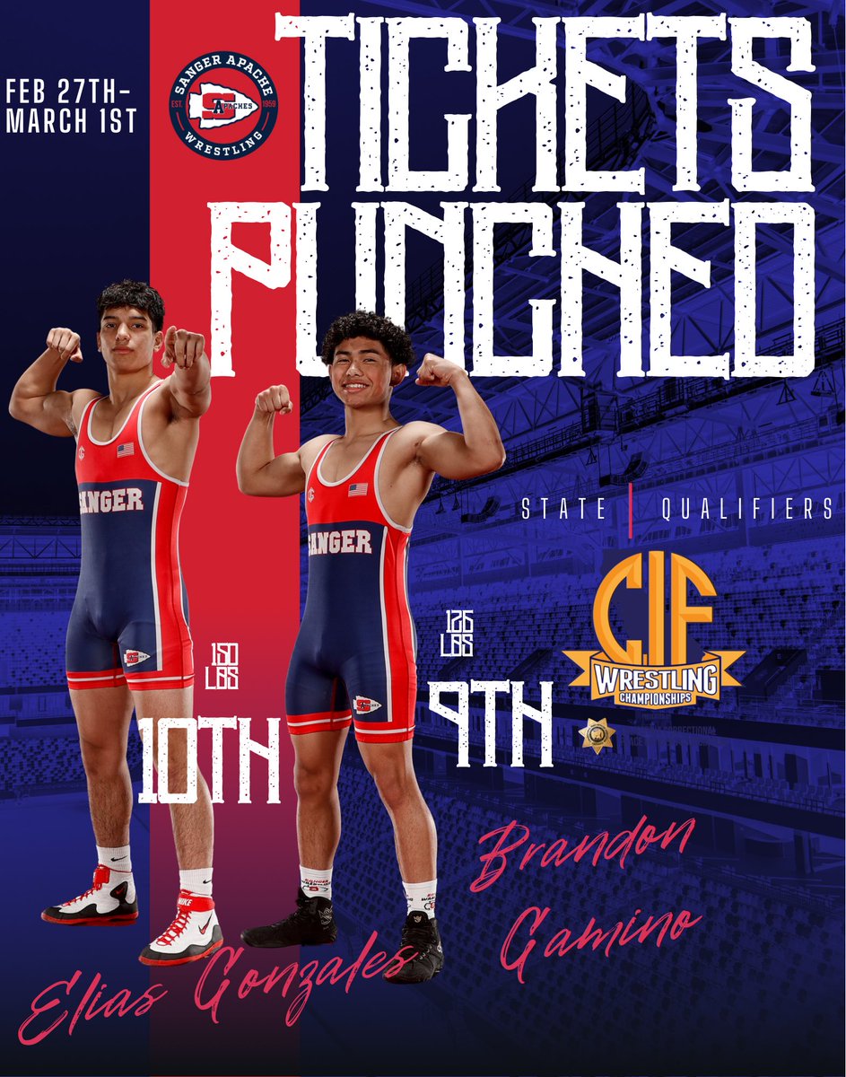 Tickets 🎟️ punched! 
Congrats to Senior Brandon Gamino and Sophomore Elias Gonzales who both qualified for the CIF State Championships Next week! Gamino earned a 9th place medal at 126 lbs and Gonzales earned a 10th place medal at 150 lbs!