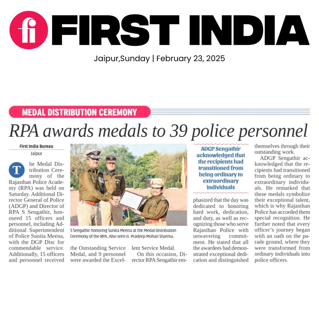 thefirstindia's tweet photo. RPA awards medals to 39 police personnel

More: https://t.co/oDqpLPFOk2

#FirstIndia #PowerCorridors #ExclusiveNews #NewsUpdate #RajasthanPolice #MedalCeremony #PoliceHonors #BraveryAwards #RPAJaipur #ADGPSengathir #CommendableService #DGPDisc #RajasthanNews #PoliceExcellence https://t.co/Vi7Ma3hyrr