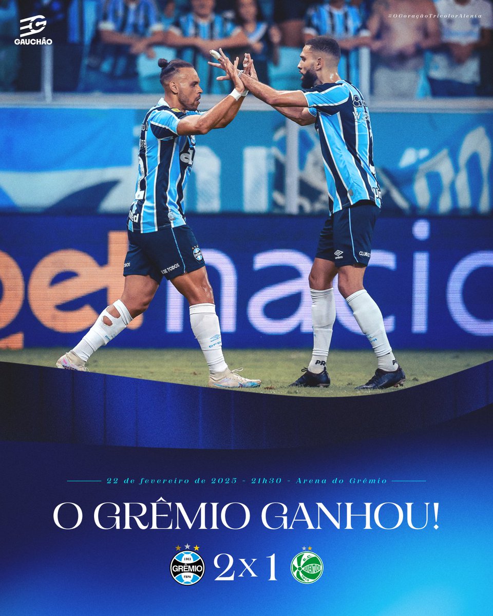 Gremio's tweet photo. SABADOU COM VITÓRIA! 🇪🇪 #Grêmio 2x1 Juventude   
Vencemos o primeiro duelo pela semifinal do #Gauchão2025! Os gols da noite ficaram por conta de Braithwaite e Cristian Olivera. SEGUIMOS JUNTOS NA LUTA PELO OCTA!
#GRExJUV #OCoraçãoTricolorAlenta https://t.co/GVUbHasW6W