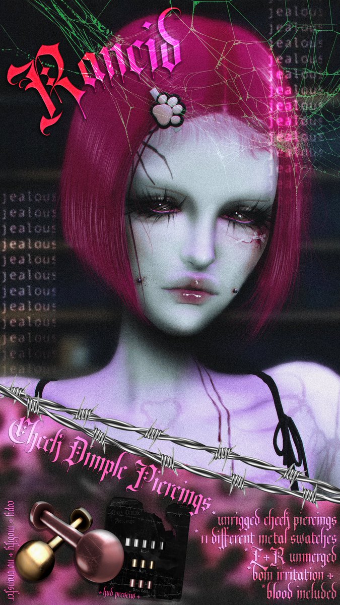 rancidmortem's tweet photo. New RANCID Release!

"Cheek Dimples" Piercings

✭ Unrigged
✭ 11 different metal swatches
✭ L+R unmerged
✭ Touch Resizable

BoM irritation + blood splatter for EvoX included

249L$ - Sold as FP only

Copy / Modify

📍https://t.co/wyr3BcNP0P https://t.co/ZEwwStX2B9