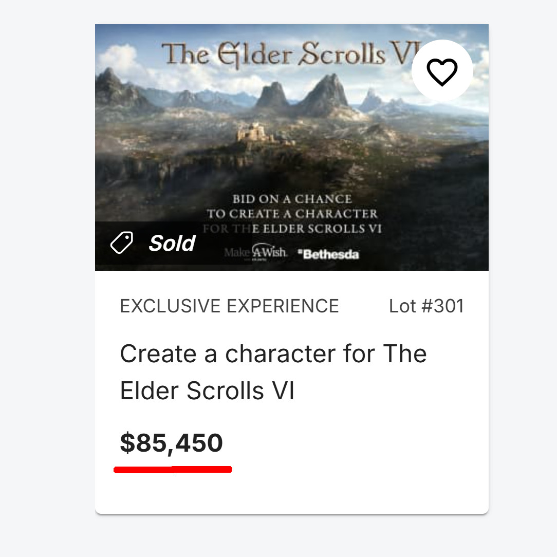 The Elder Scrolls VI silent auction closed at 85,450 dollars. We at the UESP, The Imperial Library, and a large group of TES content creators were actually in the running for this for quite a while. If you won this, please reach out to us, we'd love to know what you have in mind.