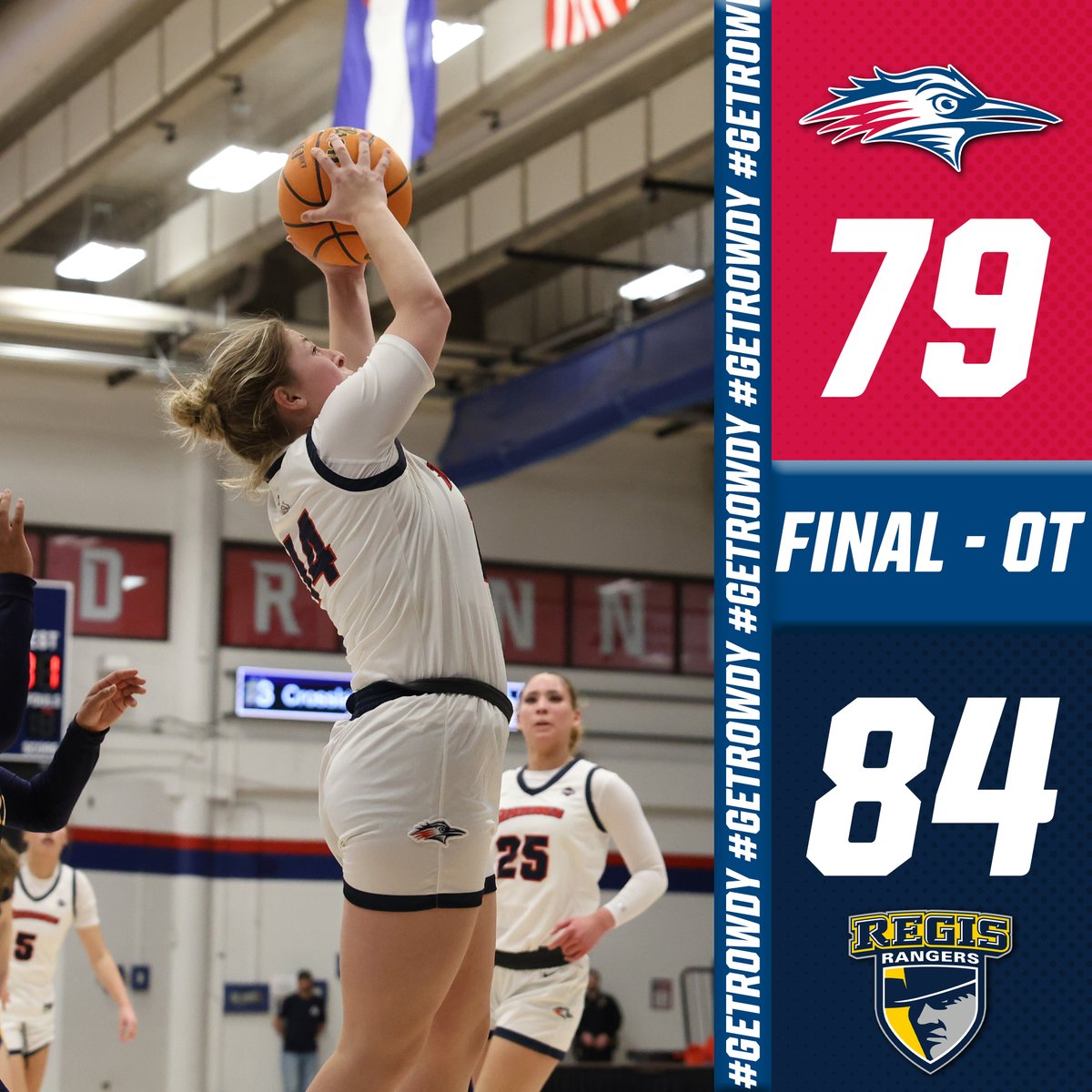 ⏱️FINAL - OT | Regis 84, #MSUDenver 79

🏀 Brooklynn Jones: 24 pts (6-9 3FG), 3 rebs, 2 ast
🏀 Brianna Sealy: 17 pts (7-12 FG), 6 rebs, 4 ast, 1 stl
🏀 Ashlyn Yow: 13 pts (3-7 3FG), 4 rebs
🏀 Nevaeh Millard: 6 pts, 6 rebs, 3 ast

#GetRowdy🔴🔵