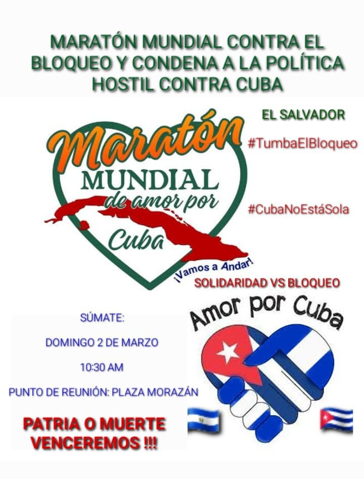 #MaratonMundial Contra el bloqueo y condena a la politica hostil contra #Cuba  <a href="/embacubasalva/">Embajada de Cuba en El Salvador</a> <a href="/PartidoPCC/">Partido Comunista de Cuba</a>