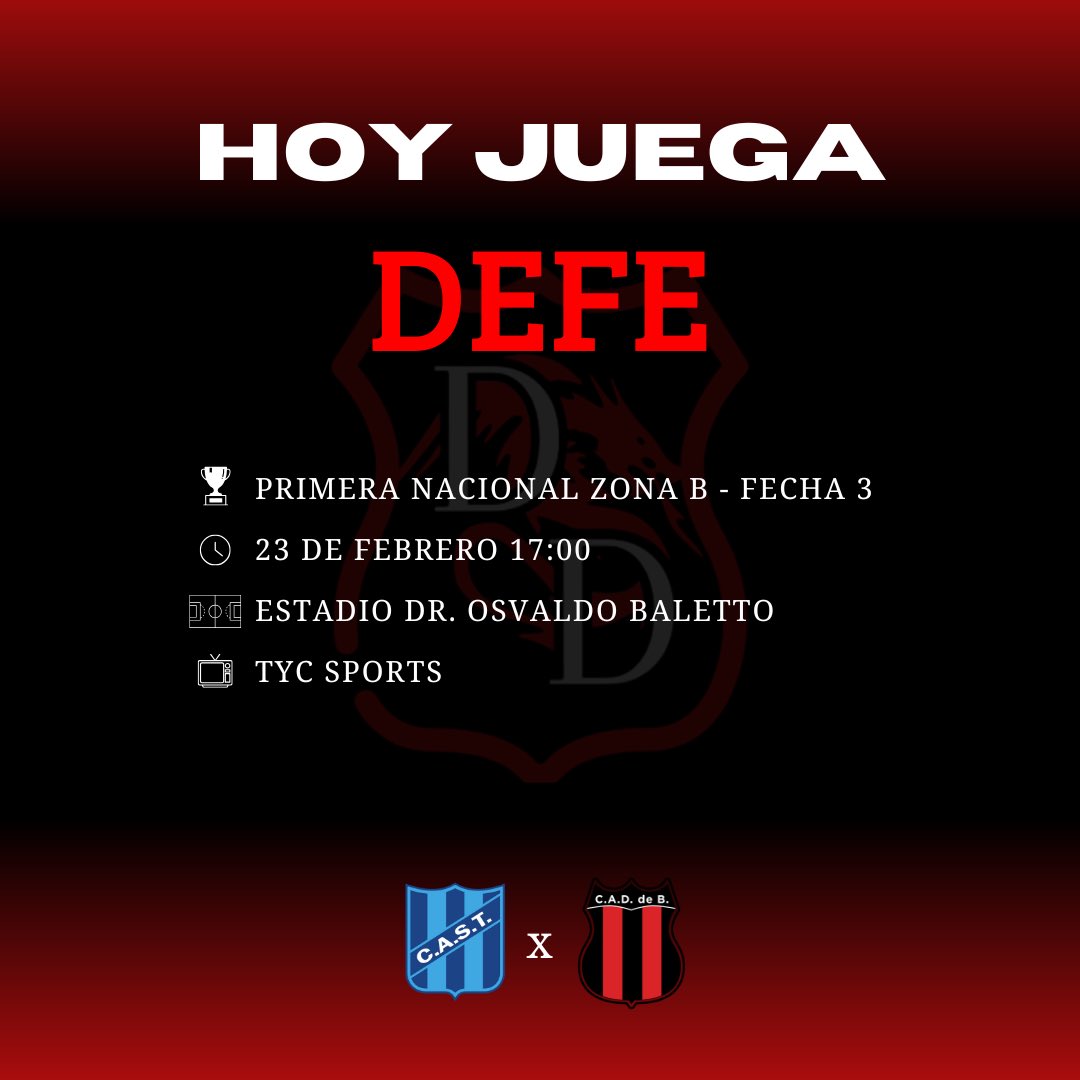 🐉 ¡HOY JUEGA DEFE! ❤️

🆚 San Telmo
🏆 Fecha 3 - Primera Nacional
⏰ 17:00
⚖️ Adrián Franklin
🏟️ Estadio Dr. Osvaldo Baletto

📺 El encuentro se podrá ver por TyC Sports y TyC Play.

💪🏻⚽️ ¡Vamos nosotros!

🎙️ Olivia Ledesma

#DaleDefe #DefensoresdeBelgrano #PrimeraNacional