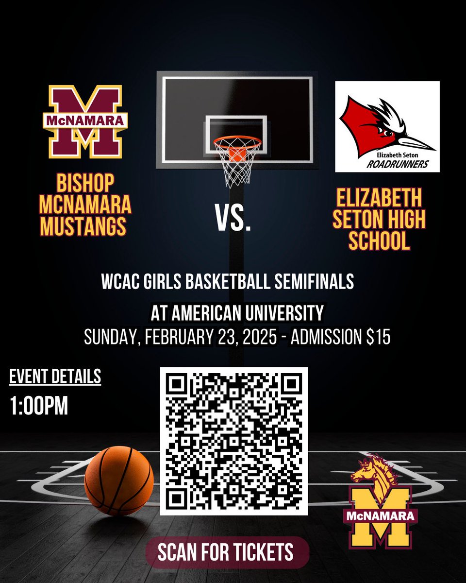 🏀WCAC SEMI-FINALS ARE HERE! 🏀
BMHS Mustangs are headed to American University on Sun. Feb. 23, 2025, for the WCAC Championship! 🐎Game Schedule: Girls vs. Elizabeth Seton – 1:00 PM 🎥 Watch Live: bit.ly/4bc8n4I
Game Tickets here: bit.ly/439HWLc