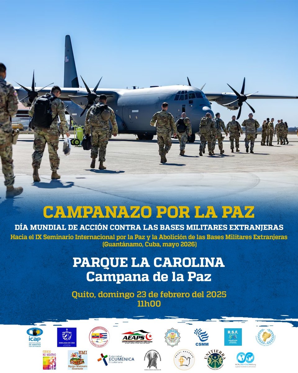 🔔CAMPANAZO POR LA PAZ en Parque La Carolina el 23/2/2025 a las 11h00. 
Día Mundial de Acción contra las Bases Militares Extranjeras 🪖 
Hacia el IX Seminario Internacional por la Paz y la Abolición de las Bases Militares Extranjeras (Guantánamo, Cuba 🇨🇺, mayo del 2026)
