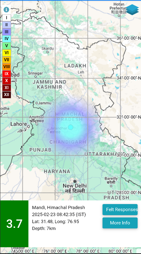 EQ of M: 3.7, On: 23/02/2025 08:42:35 IST, Lat: 31.48 N, Long: 76.95 E, Depth: 7 Km, Location: Mandi, Himachal Pradesh. 
For more information Download the BhooKamp App 
riseq.seismo.gov.in/riseq/earthqua… 
<a href="/DrJitendraSingh/">Dr Jitendra Singh</a> 
<a href="/OfficeOfDrJS/">Office of Dr. Jitendra Singh</a> 
<a href="/Ravi_MoES/">Ravi</a>  
<a href="/Dr_Mishra1966/">Dr. O. P. Mishra</a> 
<a href="/ndmaindia/">NDMA India | राष्ट्रीय आपदा प्रबंधन प्राधिकरण 🇮🇳</a>