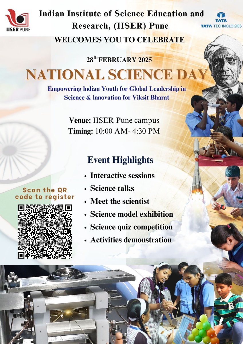 ScienceActivity's tweet photo. Celebrate National Science Day #NSD at @IISERPune !  
Join us on February 28, 2025, for an Open Day filled with exciting Science talks, STEM project presentations by school students, a puzzle zone, and much more!

🔗 Register here: https://t.co/ivztmP3Iuz

#NationalScienceDay https://t.co/0DKZbrGiya