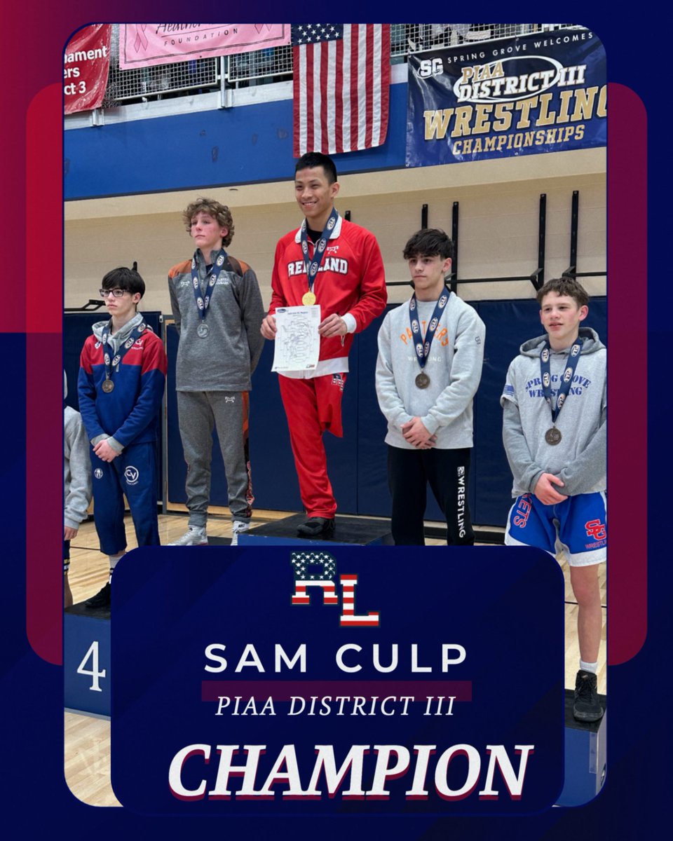 RedLand_AD's tweet photo. Huge congratulations to Sam Culp for winning the PIAA District III Wrestling Championship!  Sam will continue his season at the PIAA Wrestling Championship on March 6!
#Compete https://t.co/yA1KtUeuLY