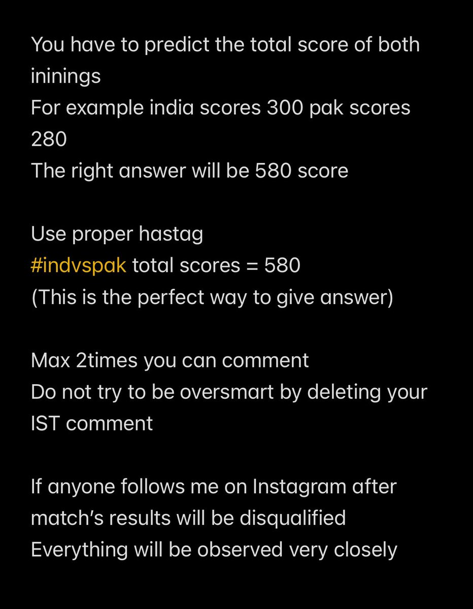giveaway time : 15000rs 

Predict the total score by both the teams
Ist&amp;2nd  innings both

Rules

5:00pm deadline
Follow &amp; repost like this post
Follow on insta 
Link: instagram.com/twitbunny7

Tag atleast 3of your twitter or insta  frnds
(Active accounts )

#INDvsPAK 
#PakVsInd