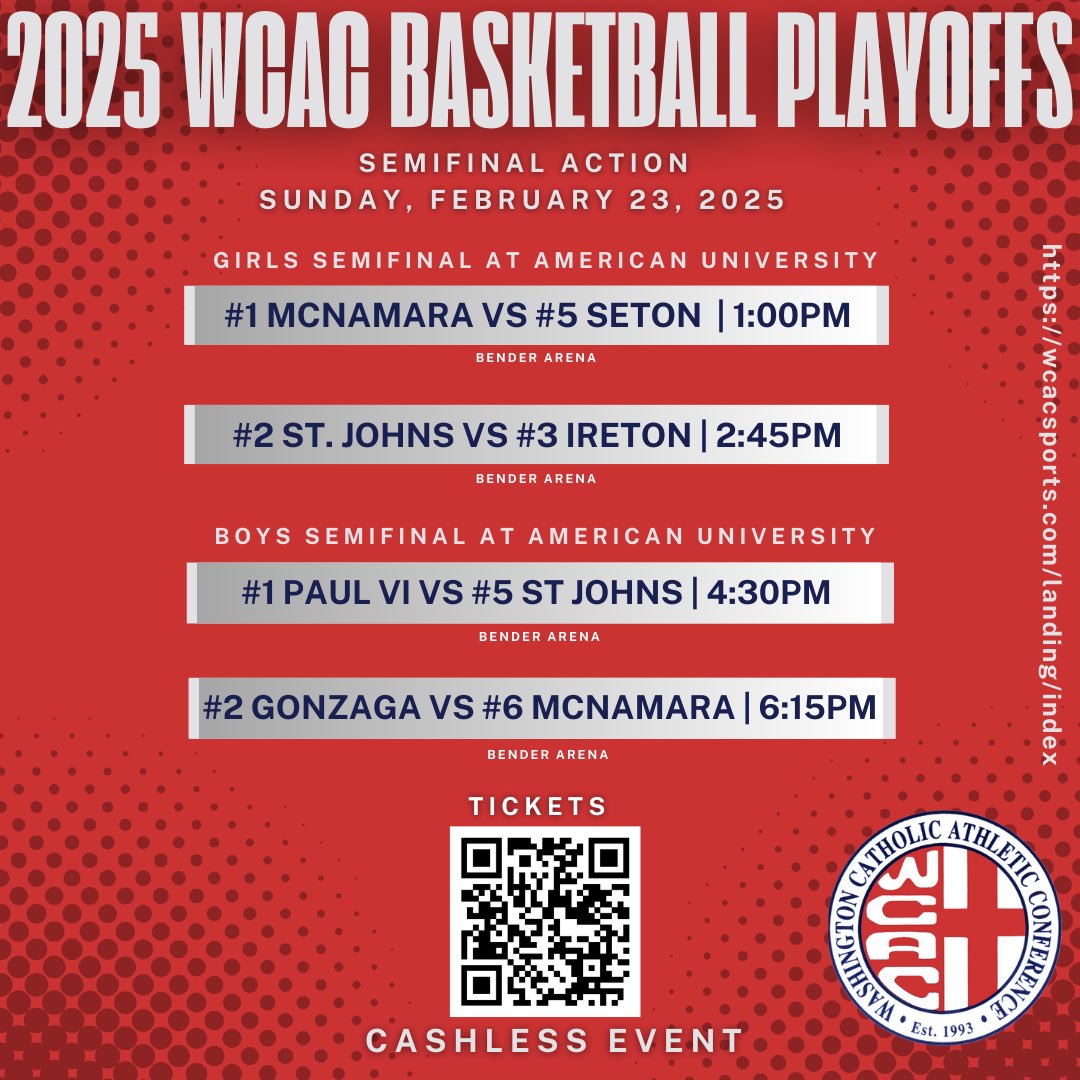 WCACSports's tweet photo. 🏀The stage is set for the 2025 WCAC Basketball Semifinal Games🔥
All games will be held at American University and you don’t want to miss a second of the action‼️
🎟️Get your tickets NOW and be part of the playoff excitement‼️
#WCAC #WcacExcellence #WcacHoops #WCAC2025 https://t.co/pONPiCUggH
