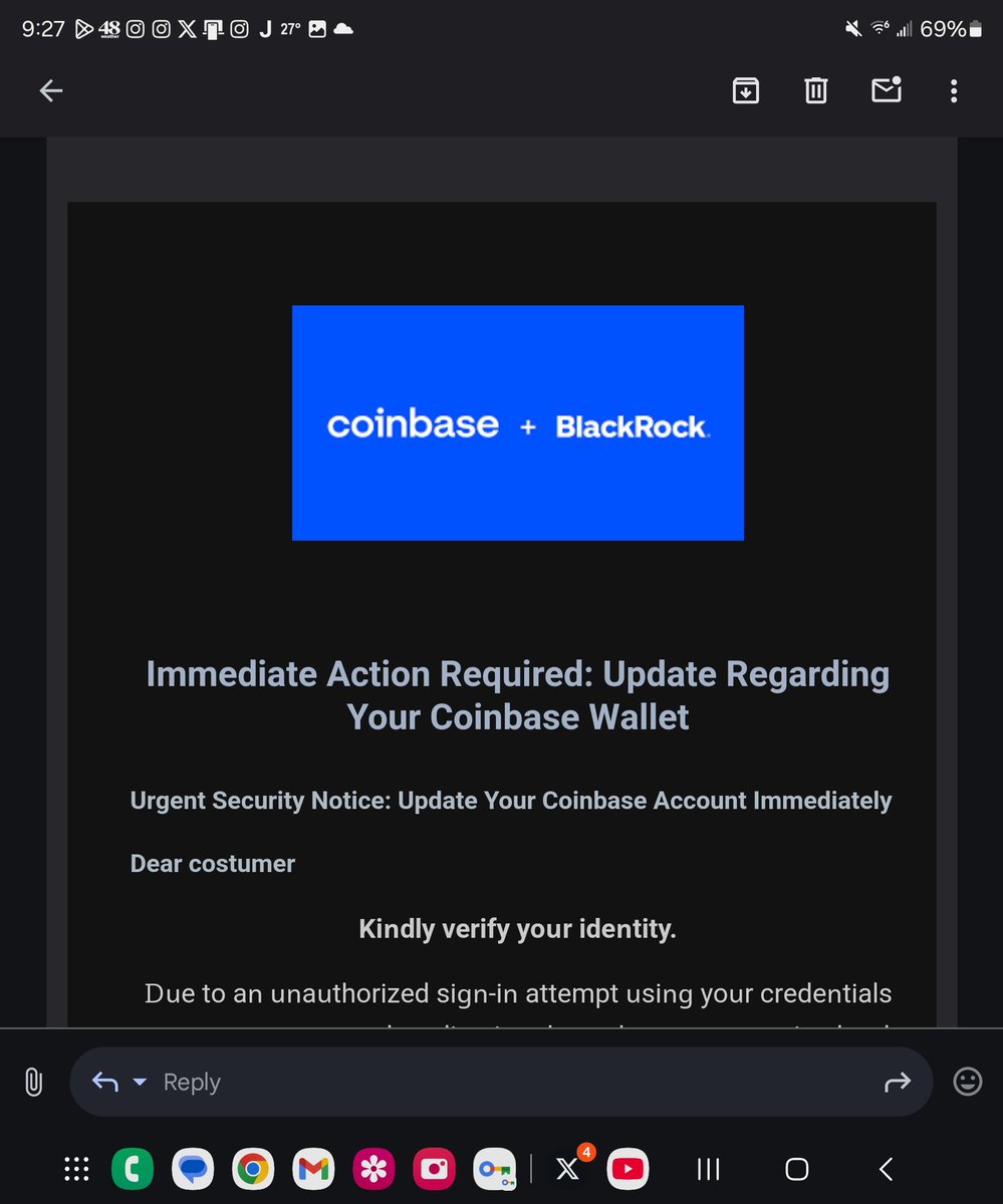 Double00Kevin's tweet image. I'm not sure how to feel being referred to as "costumer".  Thanks @coinbase 
#coinbase
#NoSpellCheck
#ScammerPerhaps
#BlackRock