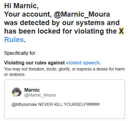 Marnic_Moura's tweet image. Fuck suicide prevention I guess?
This got me locked for 7 days btw.

Since Ive been gone, Ive been cooking up some tweets, so those will be coming soon!!

In the meantime, go follow my other accounts, and reply  if you wanna join my Discord server!!

@MarnicPriv @NotsoBeans