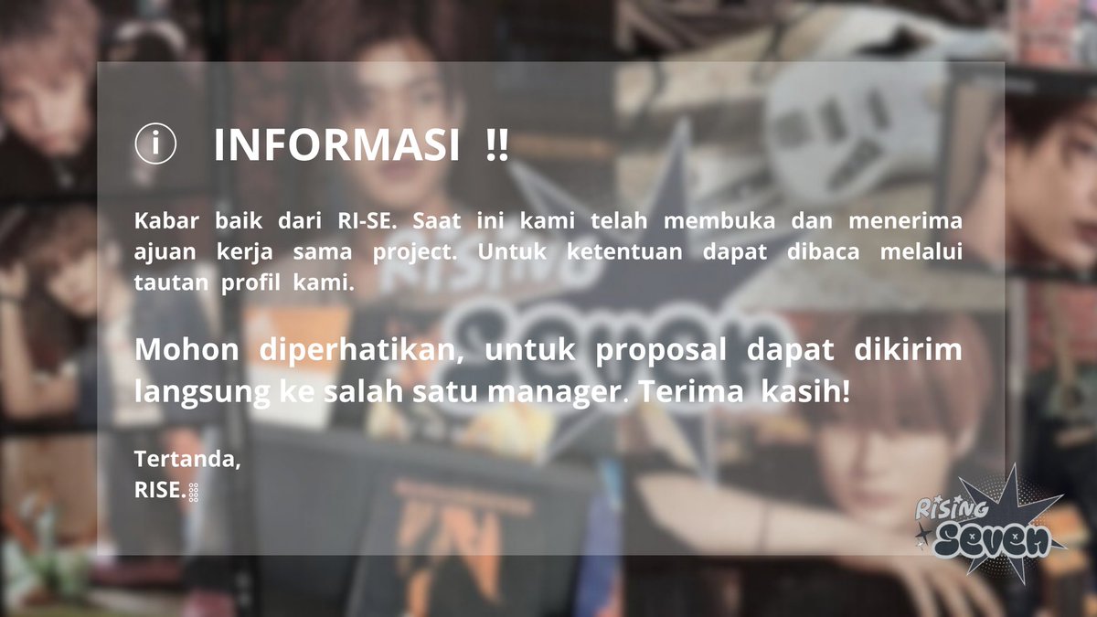 ️️️
️️️️️
️️ⓘㅤㅤ𝗜𝗡𝗙𝗢𝗥𝗠𝗔𝗦𝗜ㅤㅤ‼️

Tolong   untuk   membaca   ketentuan
kami   dan   informasi   pada   gambar
sebelum   mengirim   proposal.

Terima   kasih.   ⭐
RISE.⠀
️️
️️