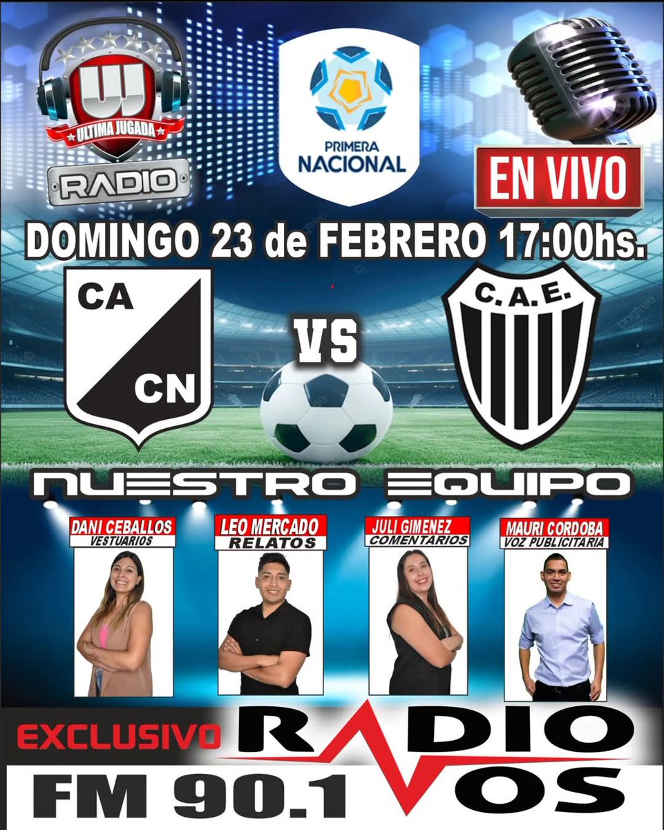 LA PRIMERA NACIONAL POR LA 90.1 📻

No te pierdas el enfrentamiento  de #CentralNorte vs #EstudiantesBA ! 

Escuchá nuestra transmisión en vivo por Radio Vos y enterate de todo sobre el partido más esperado.

Sumate al partido desde las 17:00hs ⚽️

Hoy prendete🏆 por la 90.1