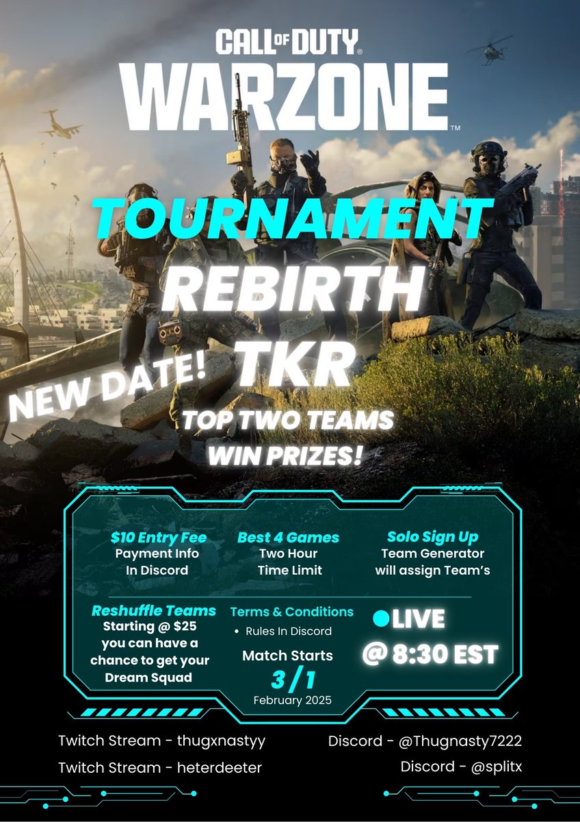 #warzone #comp 

🚨 TKR SWITCHAROO🚨

Saturday MAR (3/1) 

Wheel @ 8:30 PM EST

$10 USD | £8.00 GBP | BO3 Winners

@JustinClem79852 will be Hosting!

Enter to win FE to the tourney by RT and FOLLOWING! (Draw @ 8:30PM EST)

Comment below for form! 
Need 16 sign ups to run it!