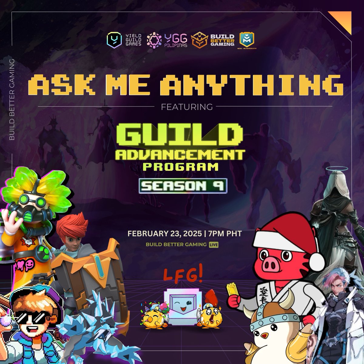 🚀 YGG GAP Season 9 AMA is HERE! 🎮🔥

We’re talking GAP S9, all the games, and how YOU can be part of the action! 💪 Plus, get the latest updates &amp; tips straight from the pros!

📅 02-23-2025 
⏰ 7:00PM PHT
📍   BBG Discord &amp; Socials

See yah BBG FAM!! 😍
