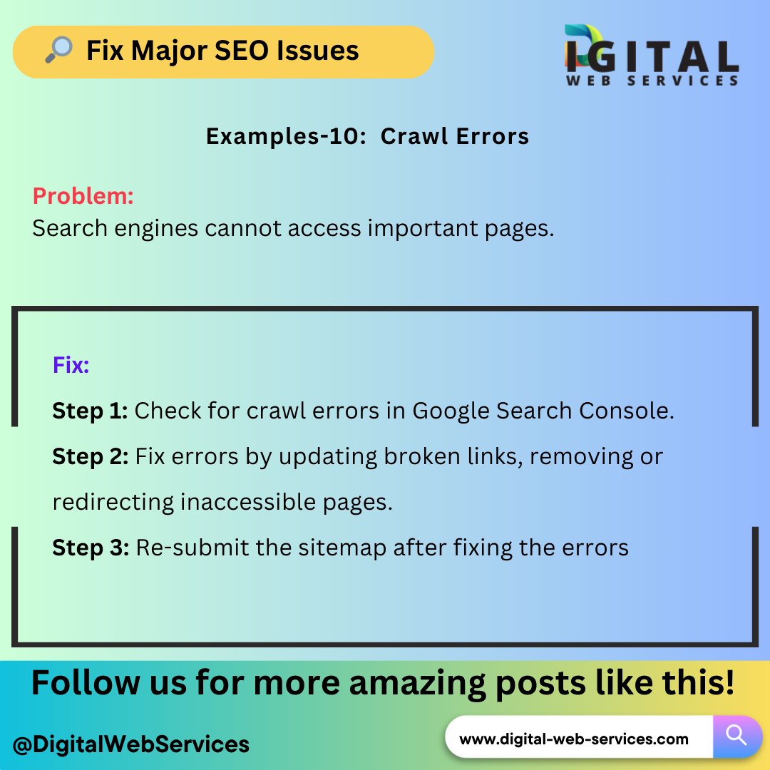 digitalwebservs's tweet image. #FixSEOIssues: 🚨 Fix Crawl Errors &amp;amp; Boost Your SEO! 🚀

👉To know the Major SEO Issues and how to fix them visit: digital-web-services.com/major-seo-issu… 

▾▾▾▾
#SEO #CrawlErrors #GoogleSearchConsole #TechnicalSEO #FixBrokenLinks #WebsiteOptimization #DigitalMarketing #SEOExperts