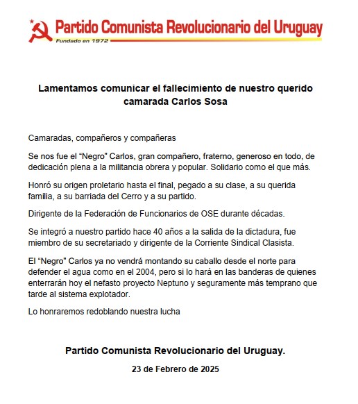 Se nos fue Carlos Sosa, compañero y luchador ejemplar.
Lo vamos a extrañar mucho.