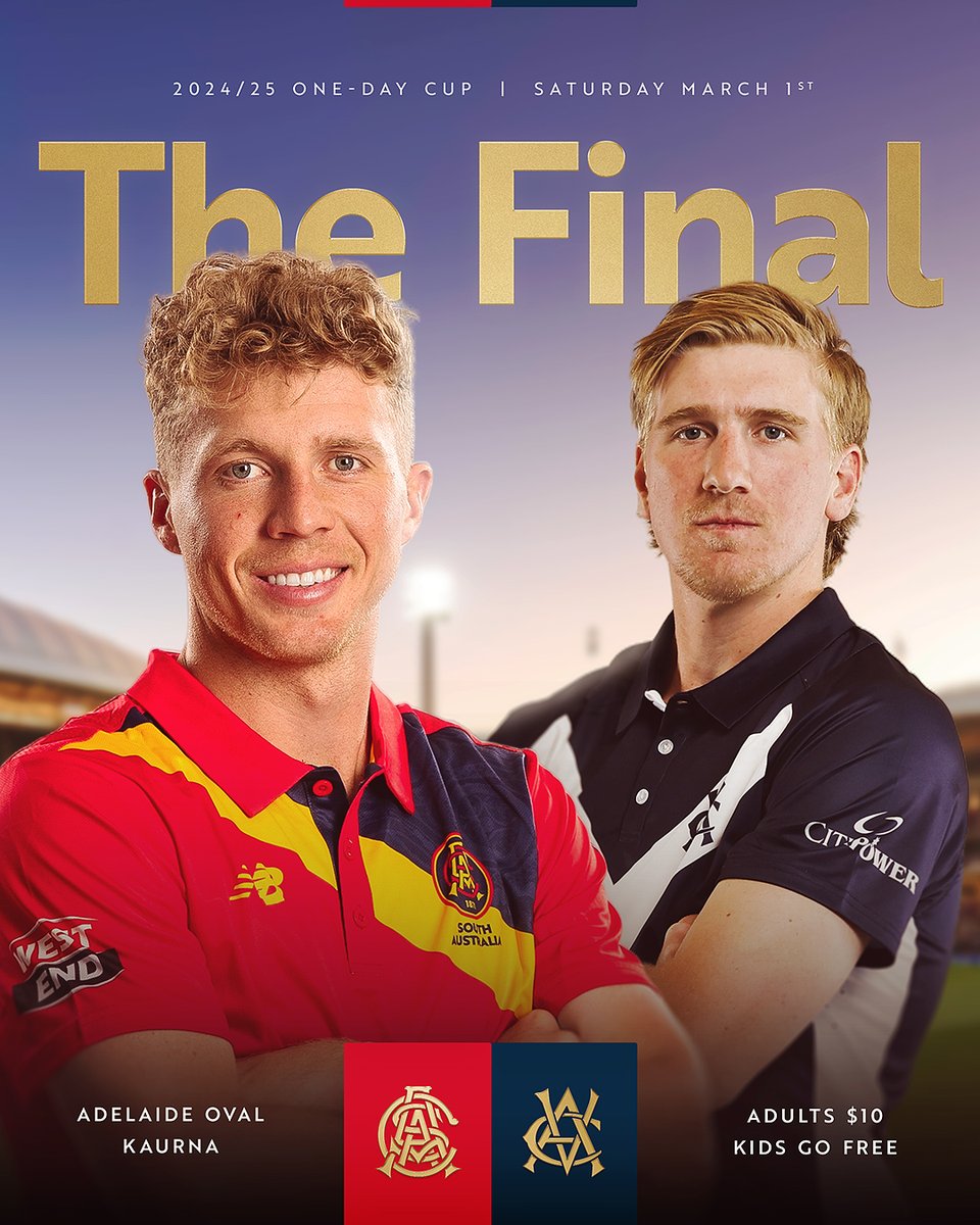 WE ARE HOSTING THE ONE-DAY CUP FINAL!!!

Clear the calendar because you don't want to miss this! We want to see as many of you as possible. It's time to stand together, South Australia 💪

🎟️ Adults $10 | Kids go free | Entry included with valid SACA Membership 
🏟️ Adelaide Oval,