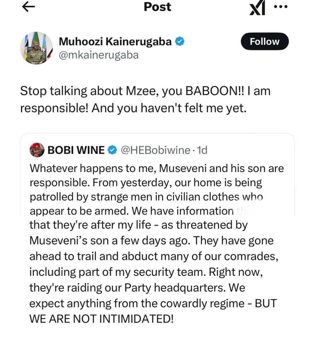 HEBobiwine's tweet image. Some people often tell us to ignore Museveni&apos;s brutal son&apos;s tweets as mere rumblings of a drunkard. The difference is that Museveni&apos;s son is the head of our military- however illegally he was gifted that position by his father. He has the capacity to follow through with these…