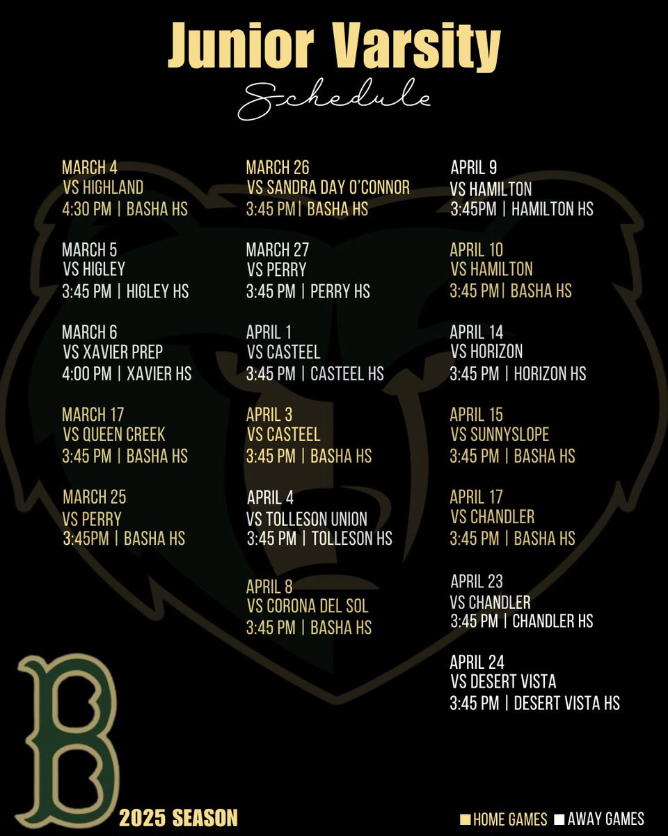 2025 SCHEDULE 🐻🥎 

Mark your calendars! Come on out to cheer on your 2025 Basha Bears Softball teams! GO BEARS!! 

#scheduledrop #wintheone  #defendtheden #bashasoftball🐻