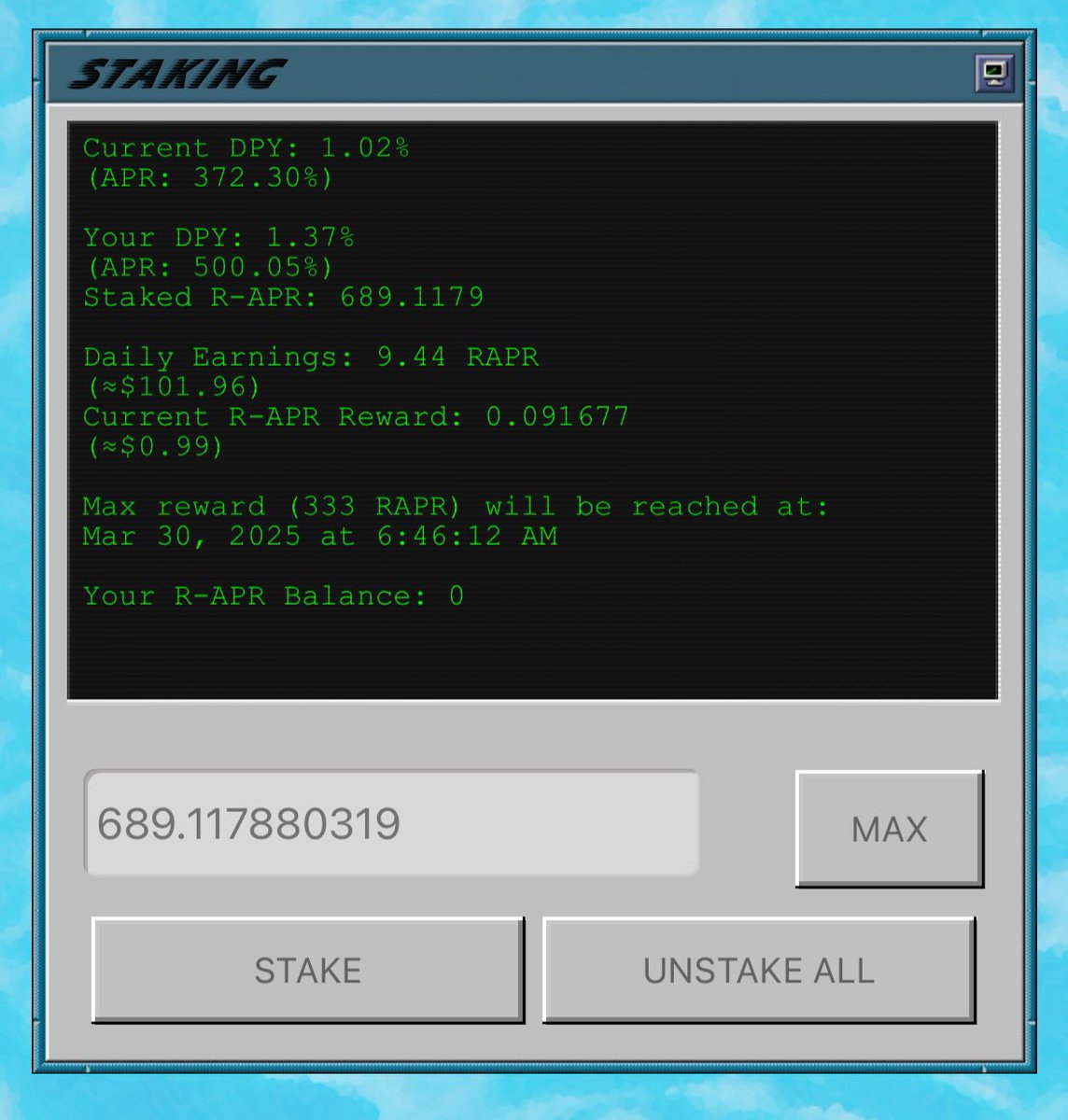 Saturday night and the rates are flying. Time To stake and chill, lock in retards

$RAPR
@RetardedAPR