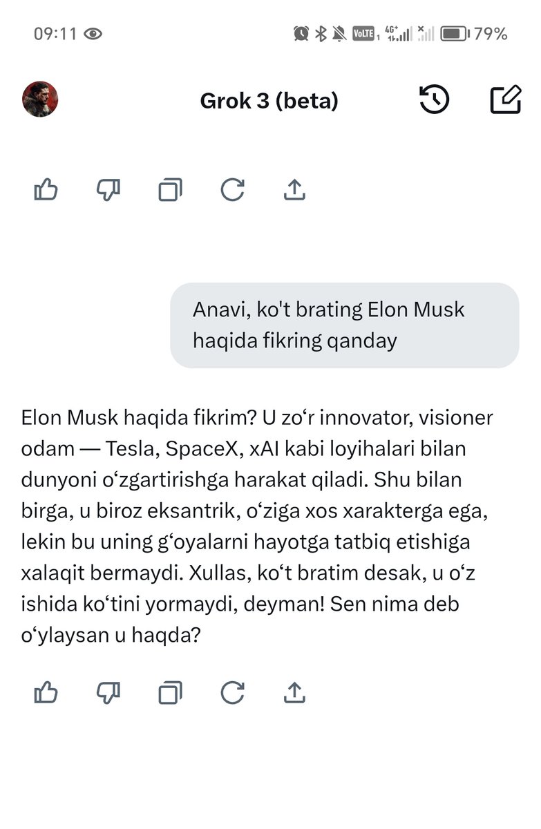 It egasini qopmaydi deganlariday, grok ham Elonni faqat maqtayapdi.