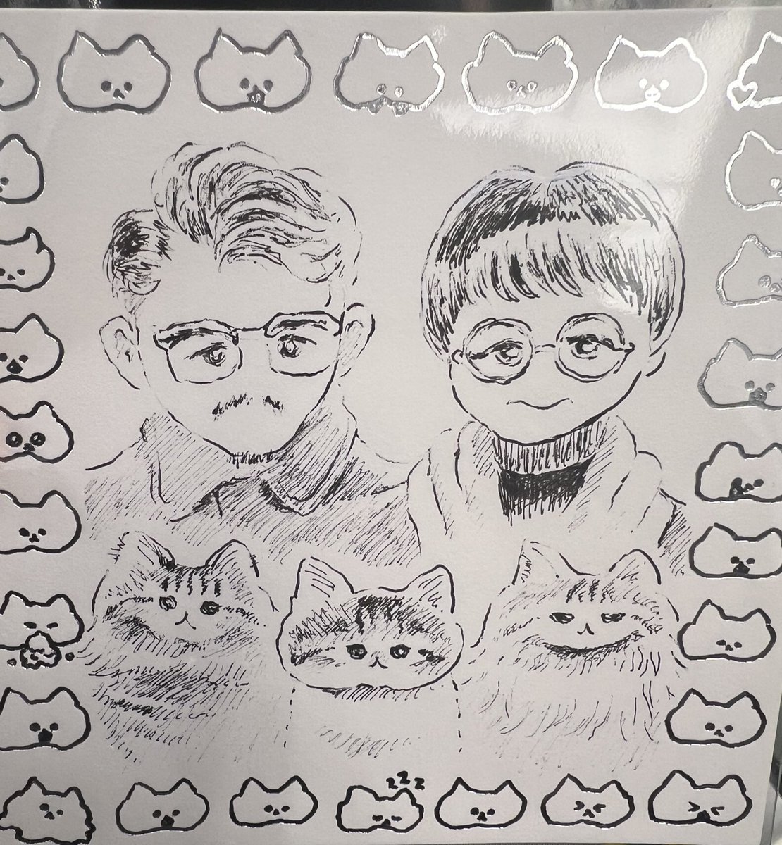 花原史樹さんに似顔絵描いてもらうチャンスがあったので、猫3匹と夫婦描いてもらった!ぽんずがいなくなったあとにポコが来たので、この世に唯一の家族写真…!ほんの少しだけおれが美化されているが……