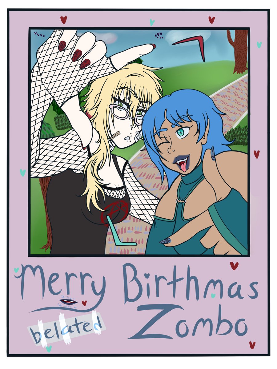 Birthday art I did for some friends with our personas last year. <a href="/AsorraTatsumi/">Asorra 🟪 ⚙️(アソッラ) Vtuber</a> @ZomboNeko <a href="/Tinyyellow123/">Tiny</a> Still very proud of it, especially the food. Not much for drawing backgrounds but slowly developing a style for it