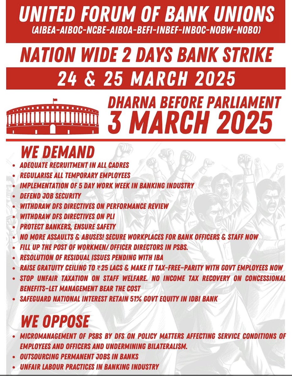 March on to 2 days strike #UnitedWeStand <a href="/nsitharaman/">Nirmala Sitharaman</a> <a href="/nsitharamanoffc/">Nirmala Sitharaman Office</a> <a href="/ChiefIba/">IBA_Chief_Executive</a> <a href="/ChairmanIba/">Chairman IBA</a> <a href="/bankofbaroda/">Bank of Baroda</a> <a href="/TheOfficialSBI/">State Bank of India</a> <a href="/canarabank/">Canara Bank</a> <a href="/AIBEA/">AIBEA</a> <a href="/RahulGandhi/">Rahul Gandhi</a>
