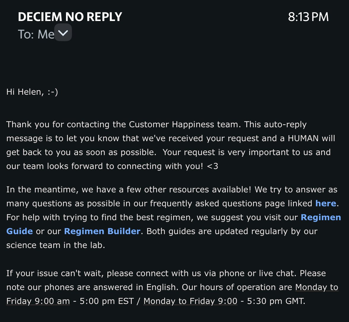 Helenk831's tweet photo. Requested a cancellation after catching this company using covert exclusionary tactics. “Our phones are answered in English”. seems innocent but it’s not—betting customers wouldn’t notice or push back. They won’t get my business again. Do better. #deciem #exclusionary #boycott https://t.co/dMIOJRwNxR
