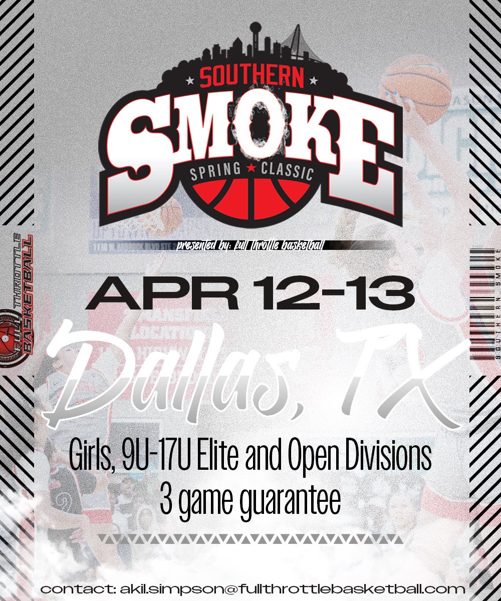 April 12-13
Dallas, Texas
SOUTHERN SMOKE SPRING CLASSIC

It’s the event that the BEST teams with the BEST players will use to prepare to put their BEST foot forward in the girls’ April live-period.

Let’s get ready‼️😮‍💨

Registration &amp; Info
fullthrottlebasketball.com/southernsmoke