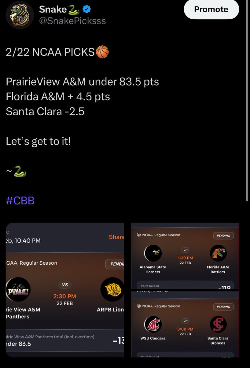 RECAP 2/22🏀 11-1 day💰

NBA:
Lakers ML (+218)✅
Devin Booker over 2.5 threes✅
Christian Braun under 4.5 reb✅
Jalen Green over 2.5 threes✅
Cam Johnson 7+ reb &amp; ast✅
Nikola Vucevic under 3.5 ast✅
Hornets over 108.5 total pts❌
NCAA:
Tennessee ML✅
George Washington under