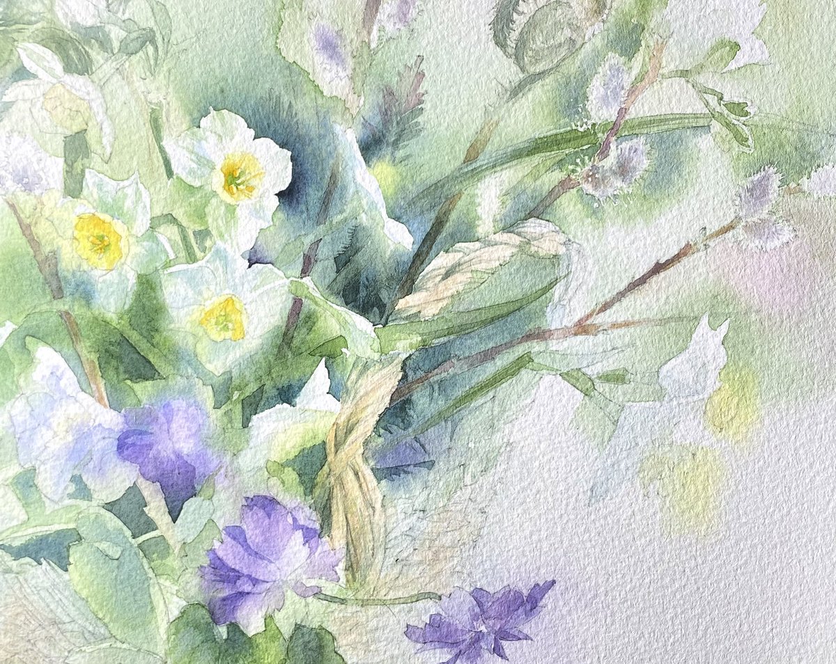 真作】絵画 星野直子 水彩 花 緑の葉と花の調べ 花の柔らかな輝き U1